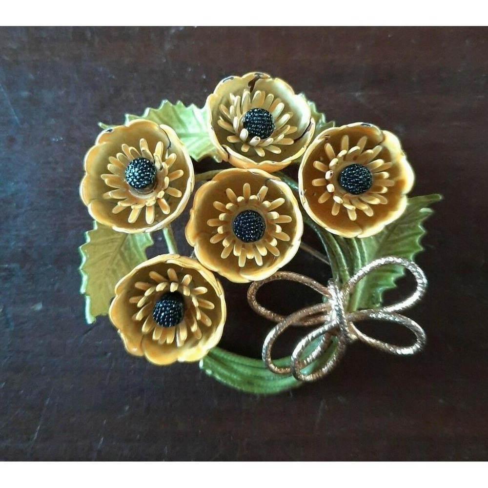 Vintage Corocraft Yellow Black Eyed Susans Sun Flowers Enamel Brooch Signed RARE